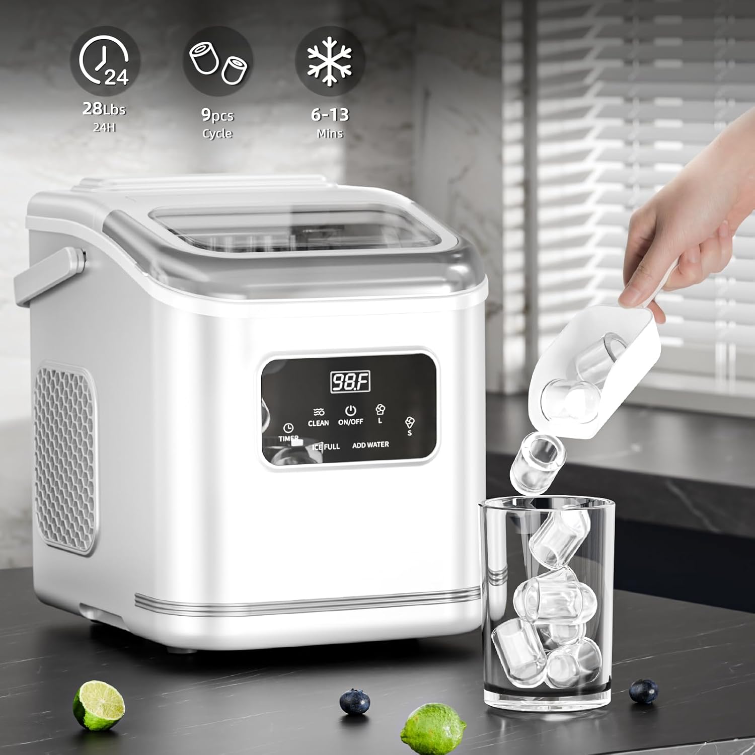 Antarcti Sta Counterto Ic Maker Portabl Ic Machin wit Carr Handle 28Lbs/24H Size Bulle Ice 24 Timing Cube i Min Office/Kitchen/Ba White