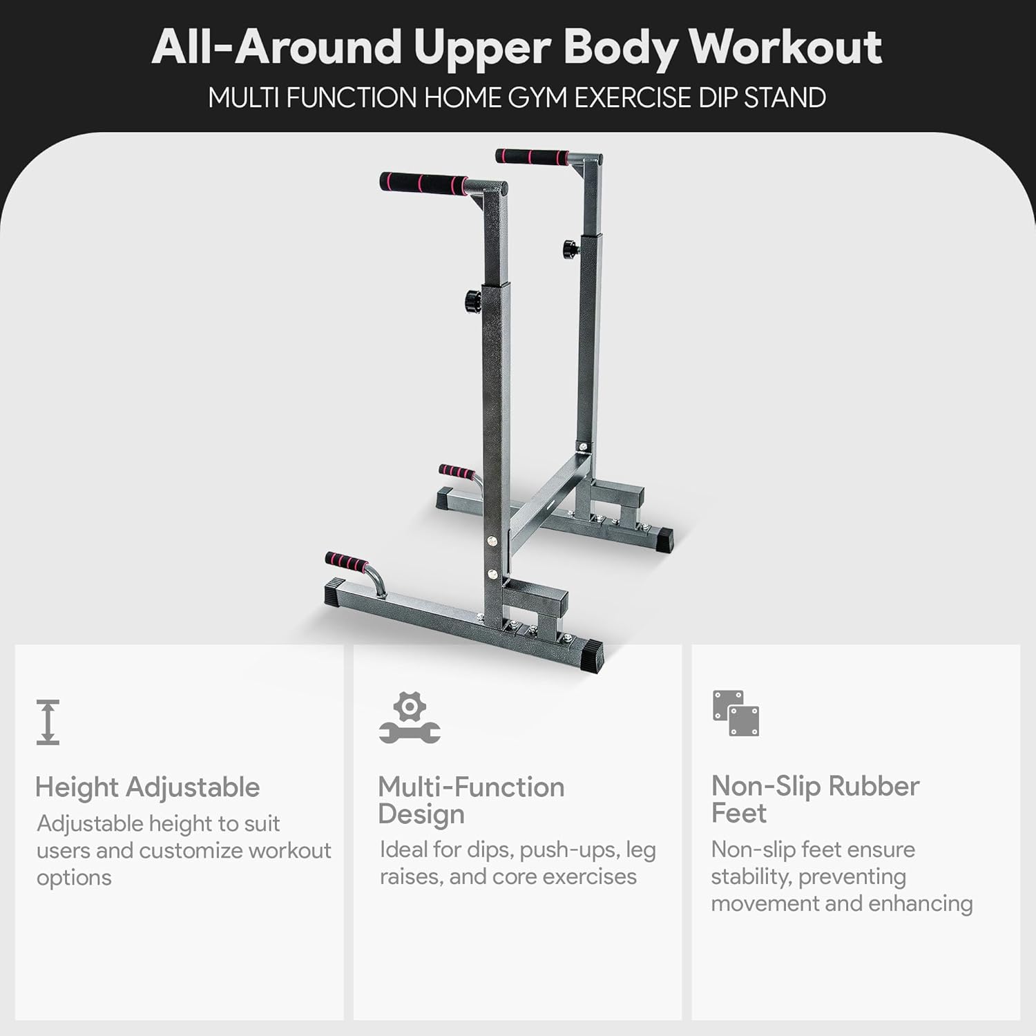 BalanceFrom Steel Frame Dip Station with Adjustable Height, 500 Pound Weight Capacity ¨C Upper Body Workout Home Gym Equipment for Triceps, Push & Pull Ups, Leg Raises, and Bench Press