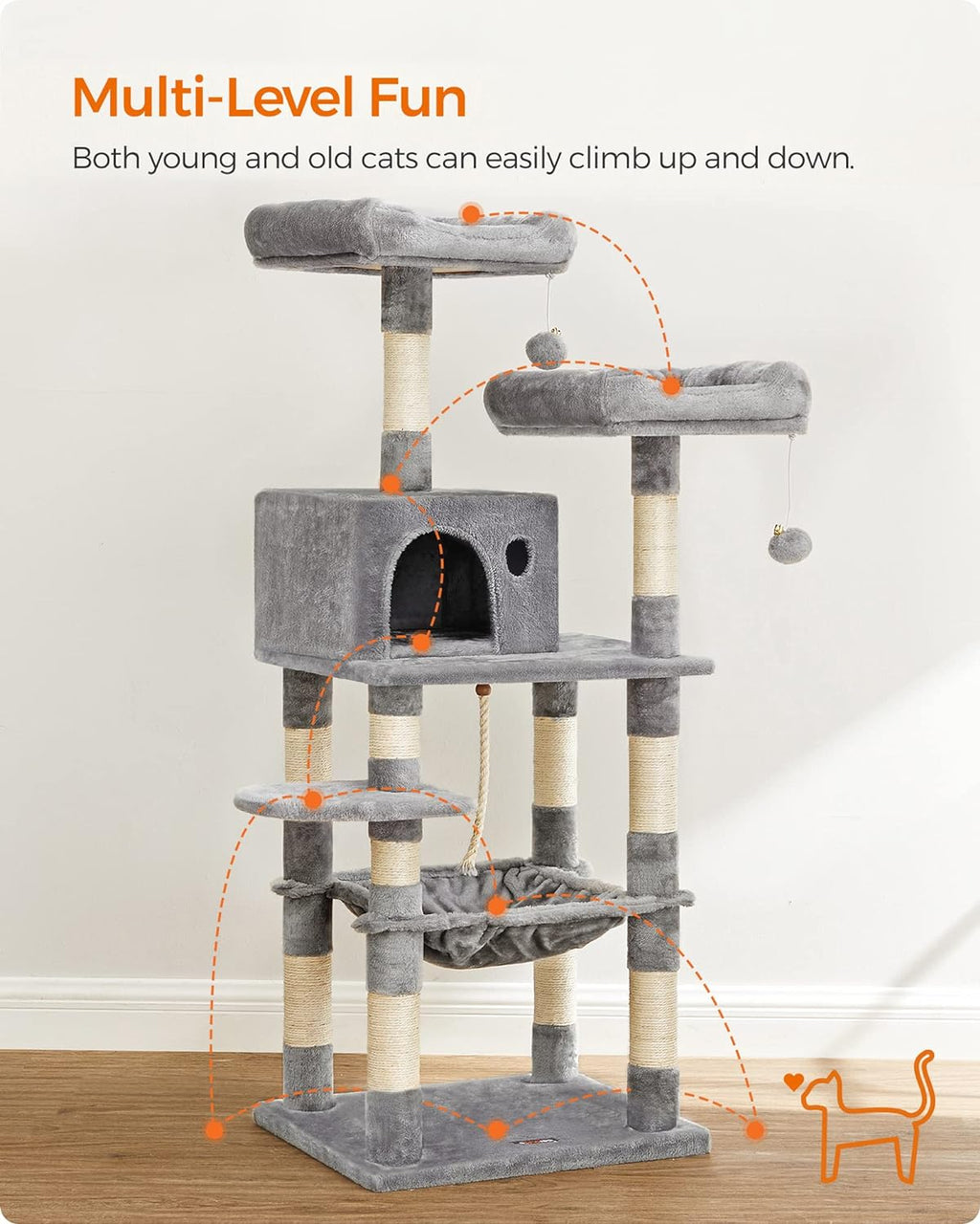 Cat Tree, Cat Tower for Indoor Cats, 56.3-Inch Cat Condo with Scratching Posts, Hammock, Plush Perch, Light Gray UPCT15W