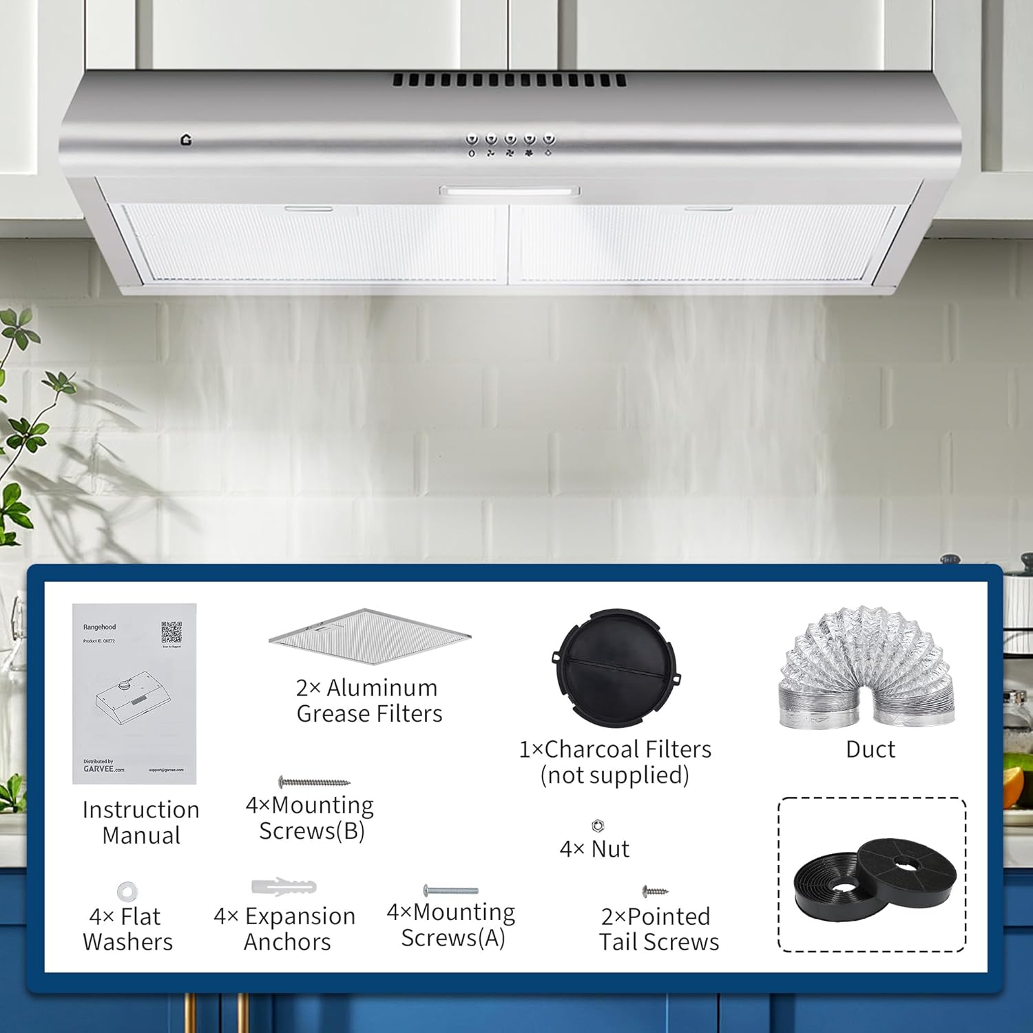 Rang Hoo 3 i Unde Cabinet Stainles Stee Stov Ven Hood 200CFM 3-Spee Exhaus Fan Butto Controls LE Lights Reusabl Baffl Filters Silver