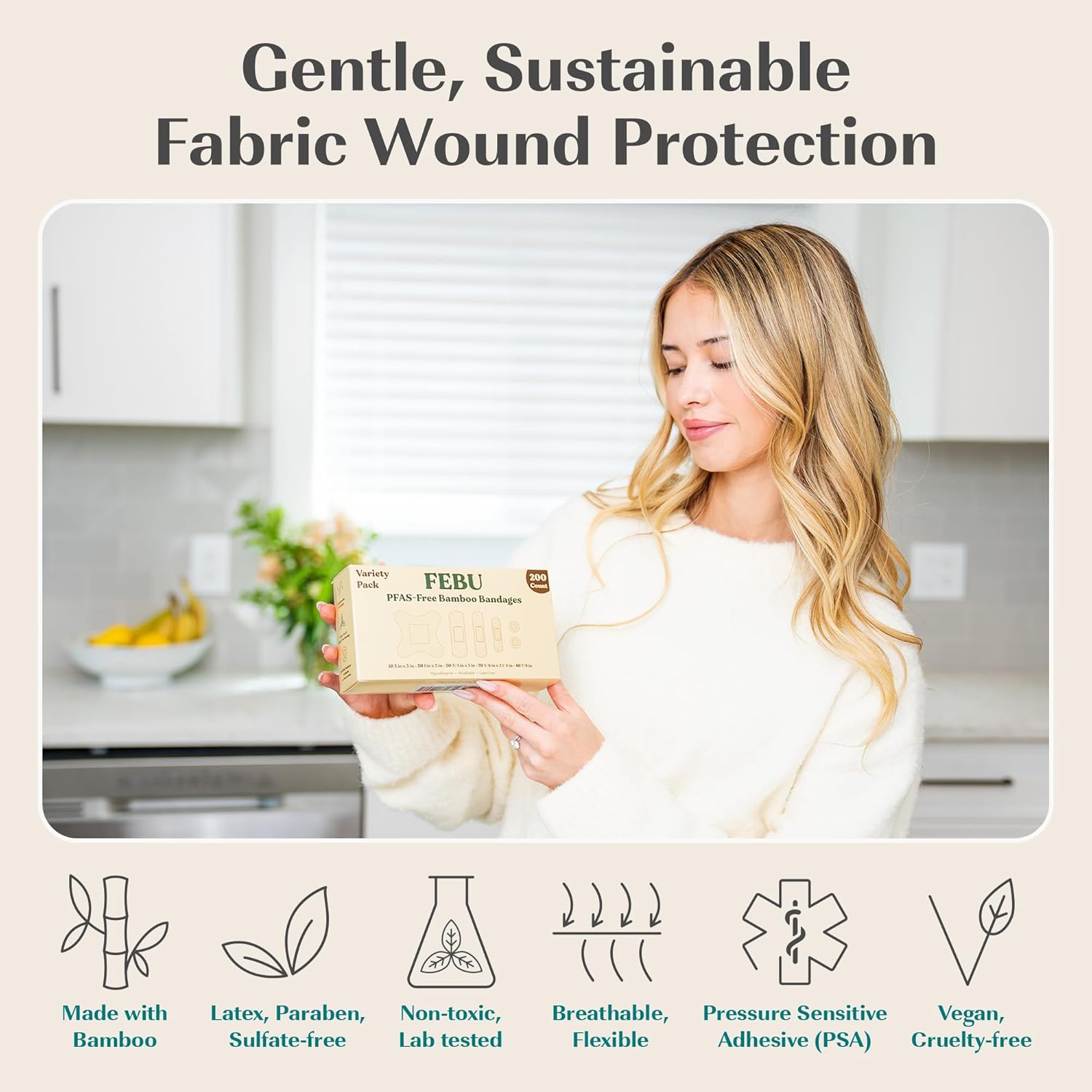 FEBU Eco-Friendly Bamboo Fabric Bandages | PFAS Free Bandages for Scrapes & Cuts | Flexible Fabric Bandage | Fully Compostable, Latex Free Bandage | 200 Count Bulk Variety