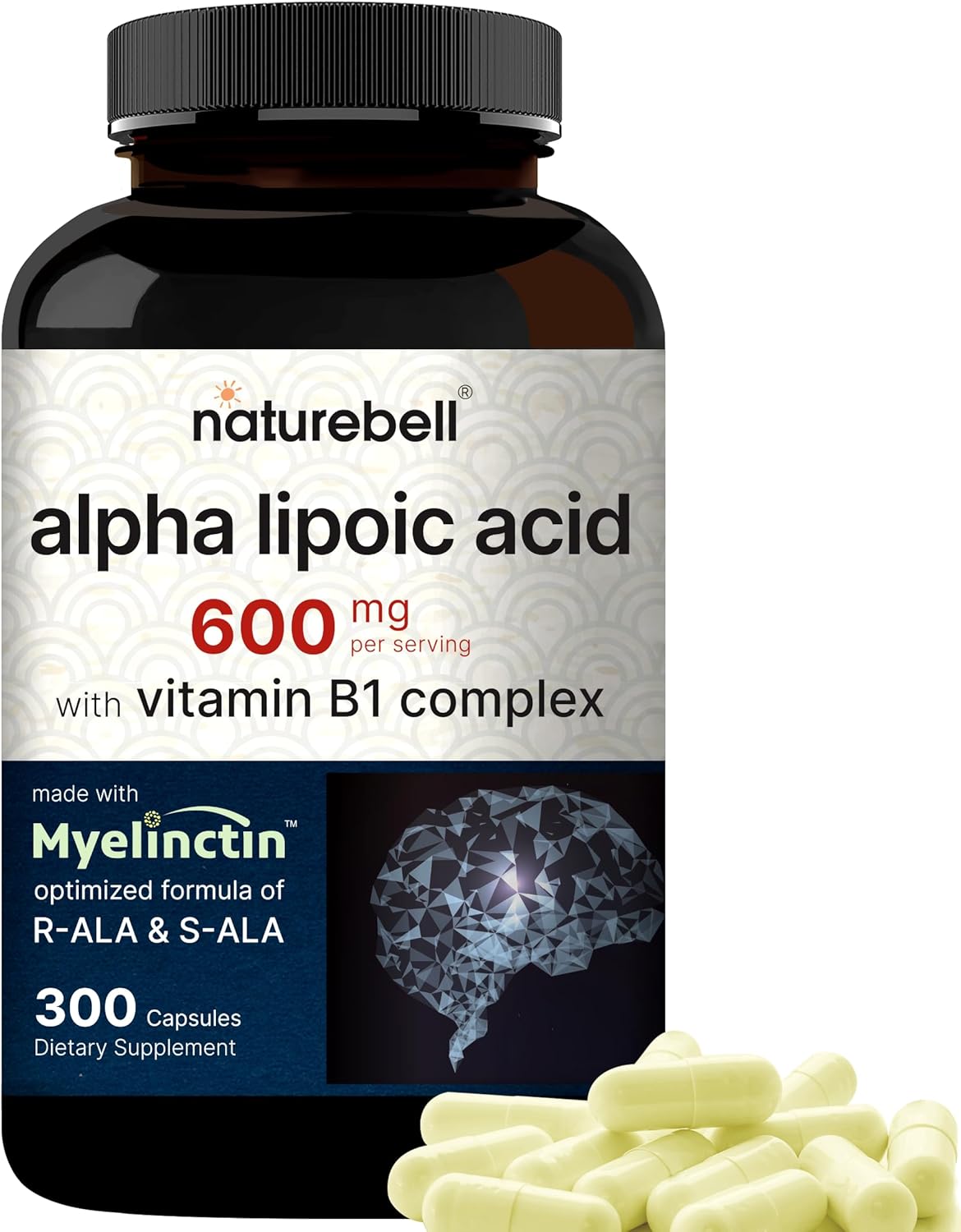NatureBel Alph Lipoi Aci Complex 600mg 30 Capsule 4-in- Myelincti Formul wit R-ALA S-ALA Thiamin Benfotiamin Hig Absorptio Antioxidan Suppor Non-GMO Gluten-Free