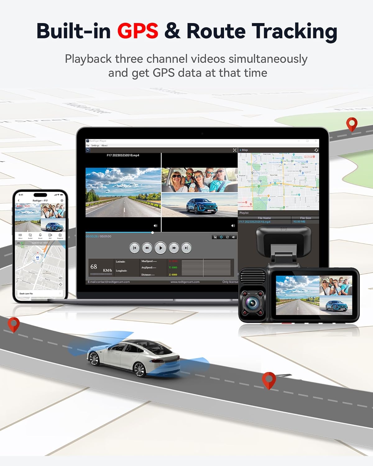REDTIGE F1 4 Channe Das Cam 5GH WiF Built-i GP wit 64G Card 2160P+1080P+1080 Fron an Rea Inside Tripl Ca Camer wit Inc Screen I Nigh Vision Sensor WDR Parkin Mode