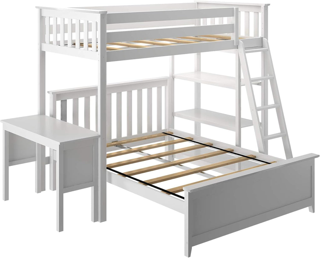 Max & Lily Bunk Bed, L Shape Twin-Over-Full Bed Frame For Kids With Bookcase and Desk, White