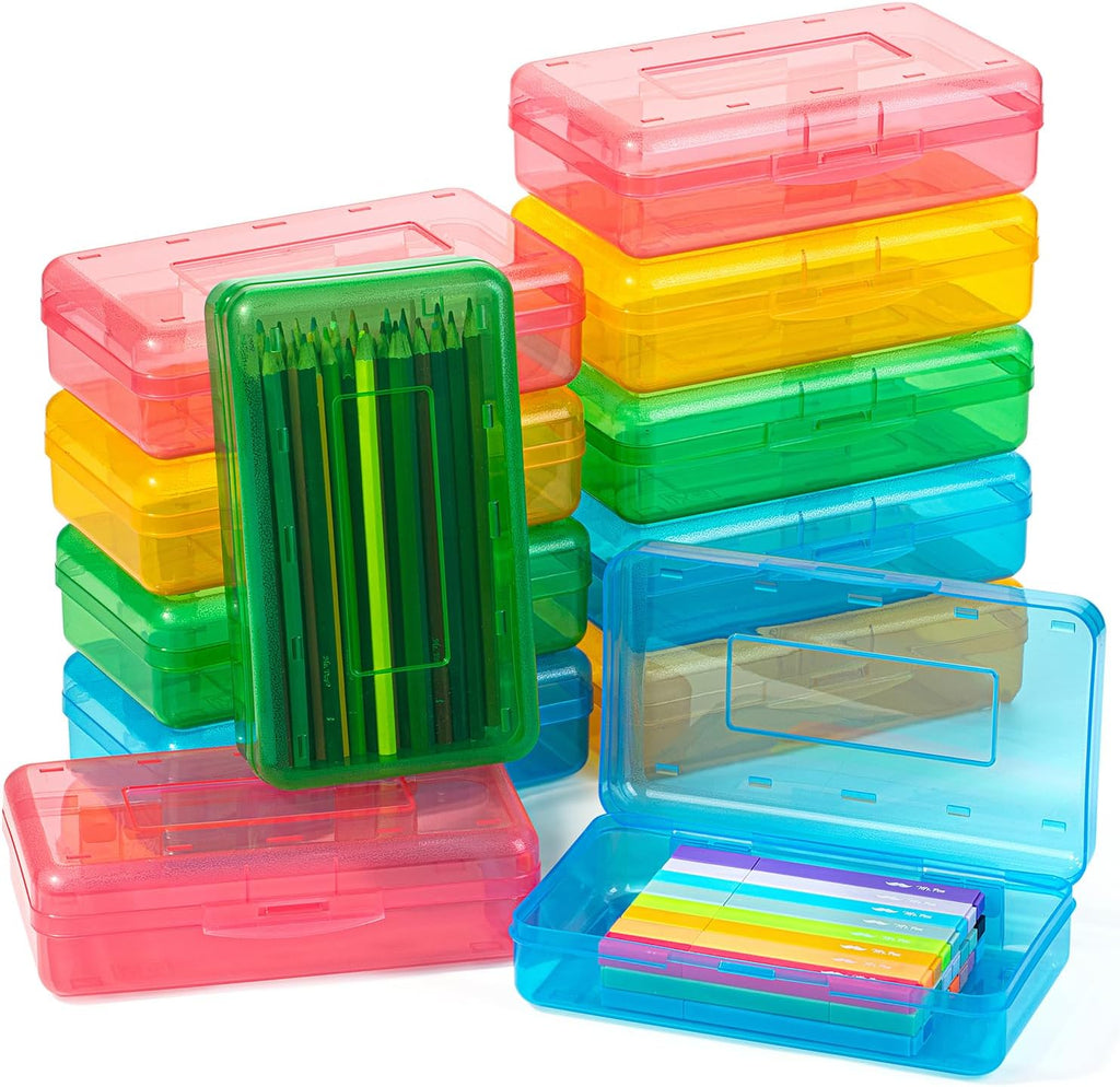 Mr. Pen- Clear Pencil Boxes Bulk, 12 Pack, Colorful, Snap-Tight Lid, Plastic Pencil Box Organizer, 7.9inchx4.5inchx2.4inch
