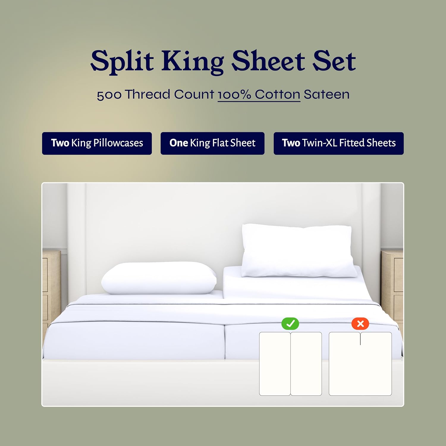 California Design Den Split King Size Sheet Set - 100% Cotton, 500 Thread Count Sateen, Cooling Deep Pocket Bedding for Adjustable Bed, Includes Twin-XL Fitted Elastic Sheets Pillowcases - White