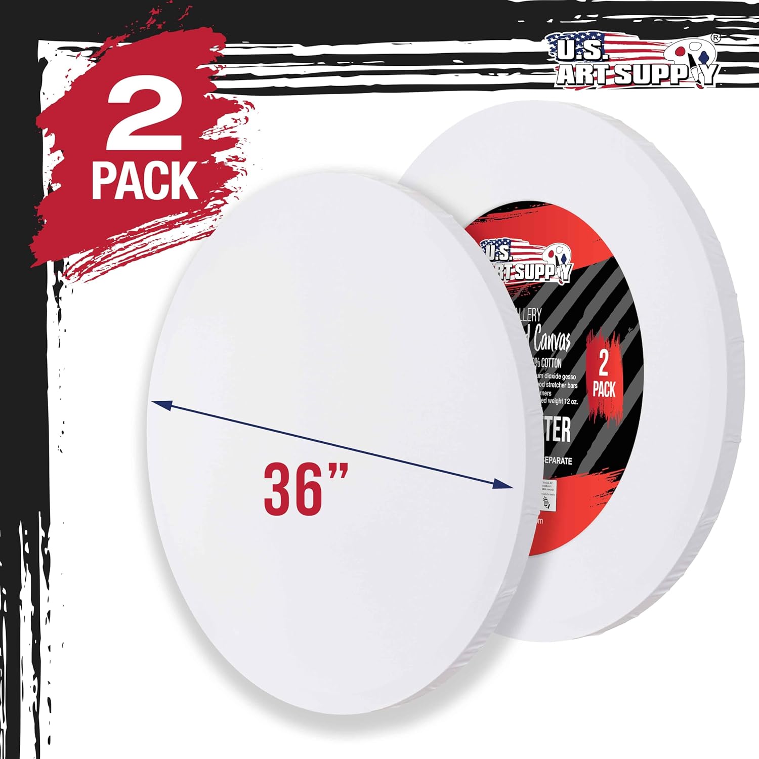 U.S. Art Supply 36 inch Diameter Round Gallery Depth 1-1/2inch Profile Stretched Canvas 2-Pack - Acrylic Gesso Triple Primed 12-Ounce 100% Cotton Acid-Free Back Stapled Pouring Art