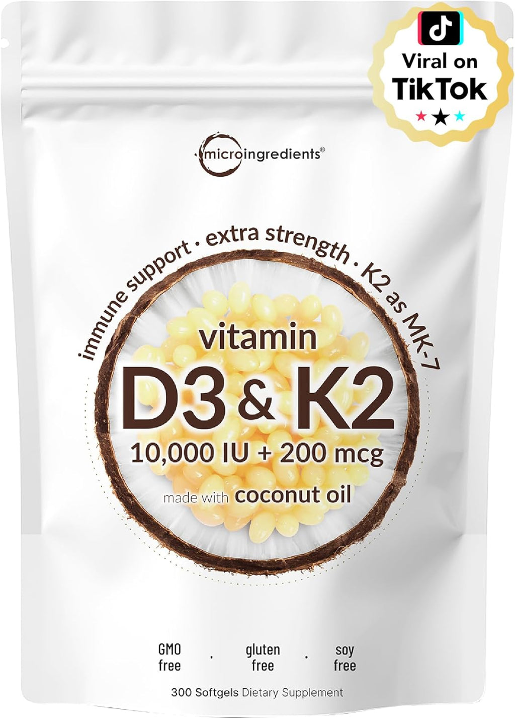 Micr Ingredient Vitami D 10,00 I K MK- 20 mcg 30 Softgel wit Virgi Coconu Oi 2-in- Vitamin  Comple Extr Strength Eas t Swallow Non-GMO Glute Free
