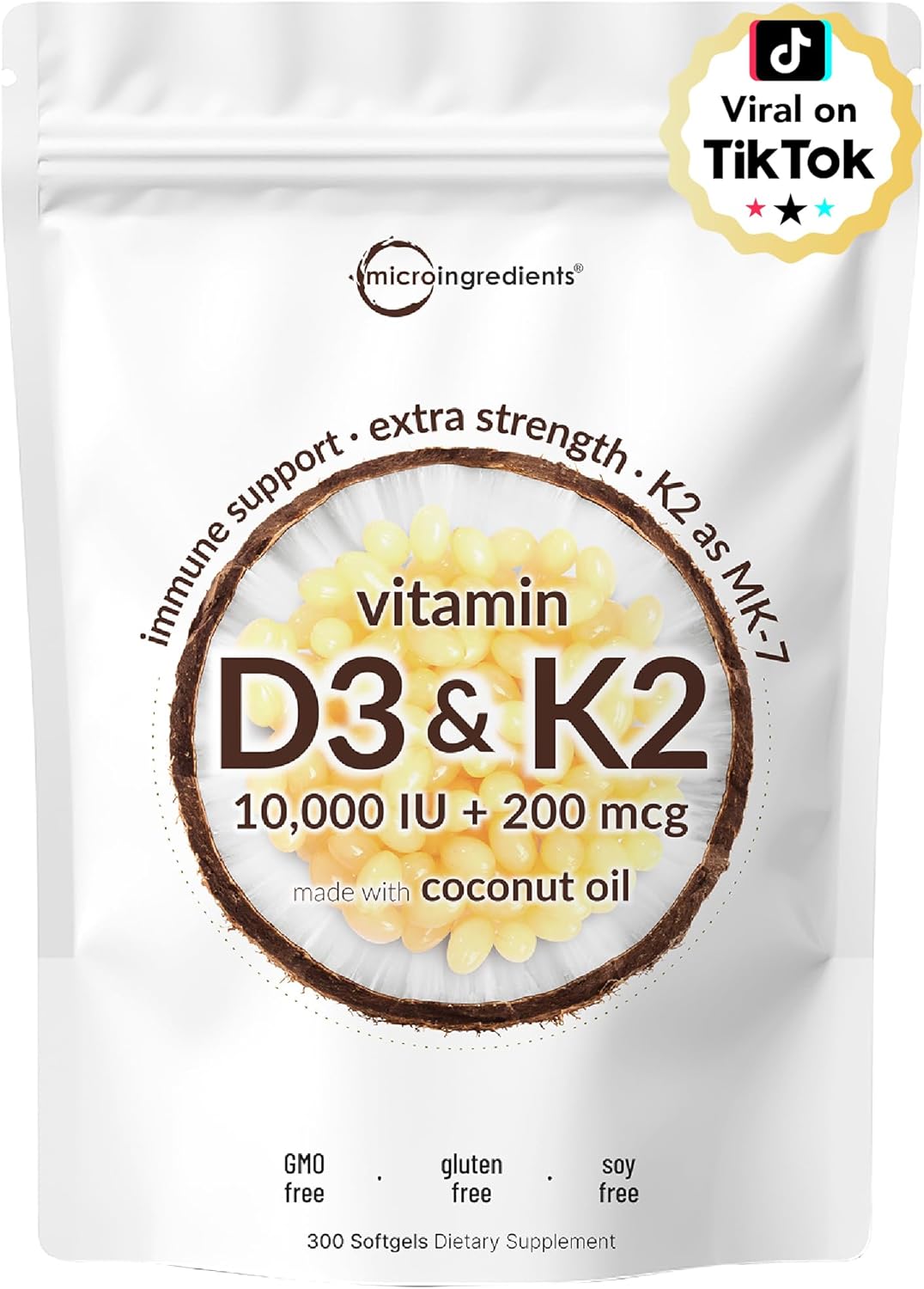 Micr Ingredient Vitami D 10,00 I K MK- 20 mcg 30 Softgel wit Virgi Coconu Oi 2-in- Vitamin  Comple Extr Strength Eas t Swallow Non-GMO Glute Free
