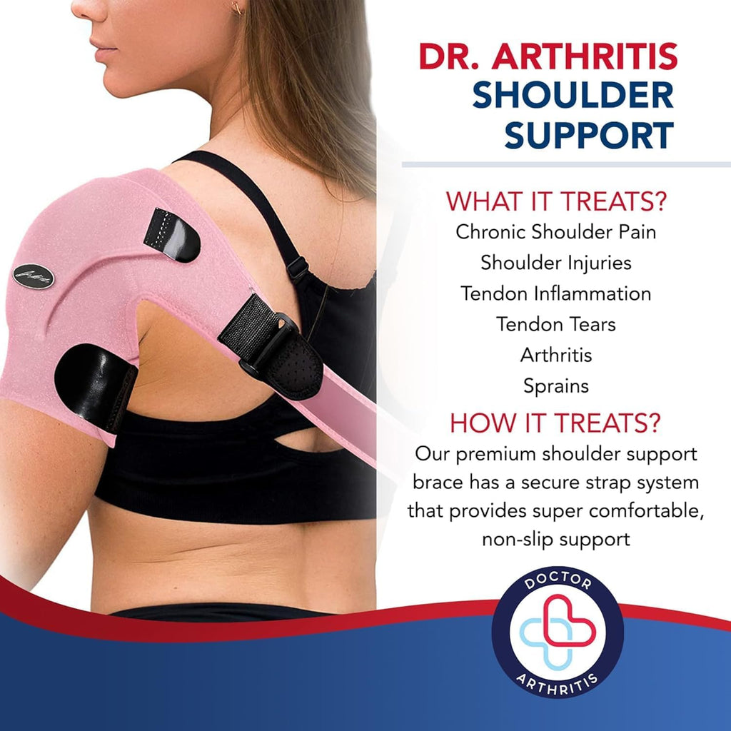 Dr. Arthritis Doctor Developed Shoulder Brace - Comfortable Bursitis - Rotator Cuff for Pain Relief - Compression Shoulder Brace for Women & Men With Handbook (Pink)