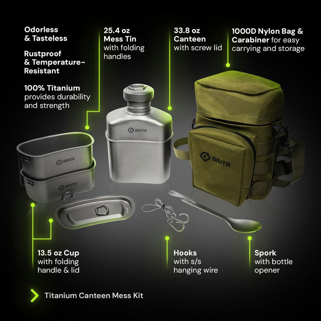 GRIT Titaniu Cantee Mes Ki Compac Portabl Campin Ope Fir Cookwar Se fo Backpacking Hiking Fishin Ultraligh Durabl Outdoo Cam Cookin Utensil Storag Ba Included