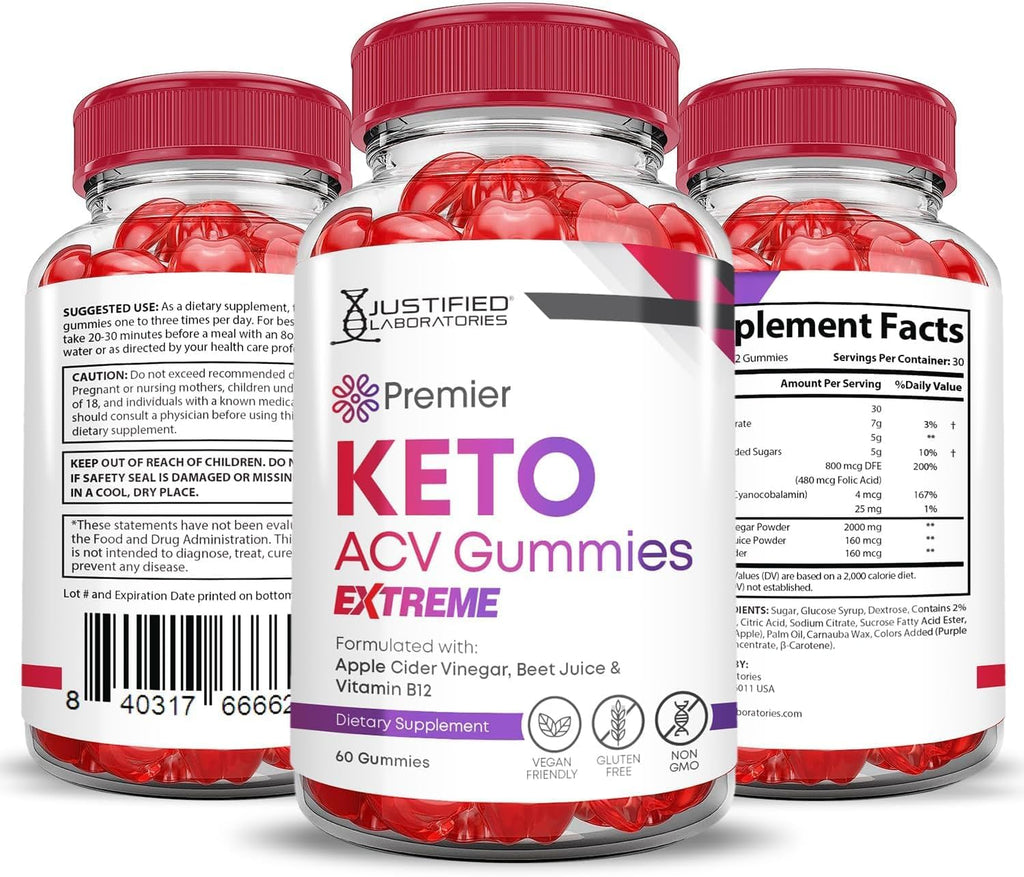 Justified Laboratories (2 Pack Premier Keto ACV Gummies Extreme 2000MG Premier Keto Gummies Apple Cider Vinegar Formulated with Pomegranate Beet Juice Powder B12 Vegan Non GMO 120 Gummys