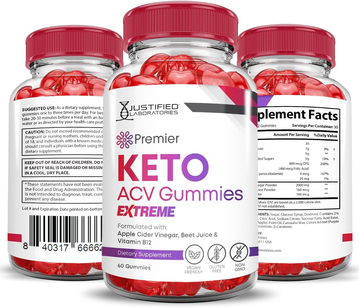 Justified Laboratories (2 Pack Premier Keto ACV Gummies Extreme 2000MG Premier Keto Gummies Apple Cider Vinegar Formulated with Pomegranate Beet Juice Powder B12 Vegan Non GMO 120 Gummys