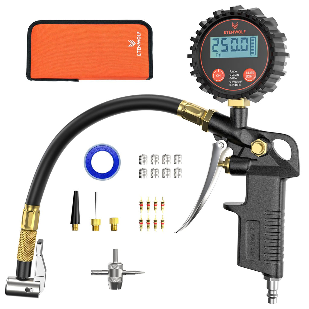ETENWOL T50 Digita Tir Pressur Gaug wit Inflator Tir Gaug 0-25 PSI Calibrate t ANS B40. Grad 2A Ai Chuc Compresso Accessorie wit Storag Bag Black