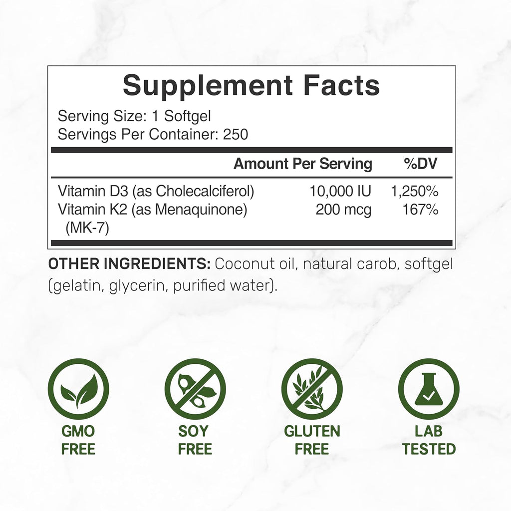 DEA SUPPLEMEN Vitami D 10,00 I K MK 200mc Softgels 25 Coun 2-in- Comple wit Virgi Coconu Oi Support Heart Bone Teet Immun Health Eas t Swallow