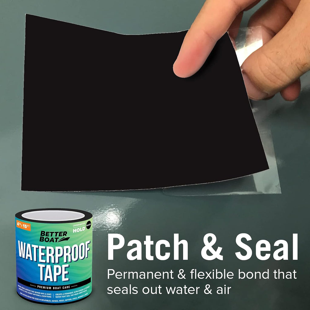 Better Boat Black Waterproof Tape for Leaks, Heavy Duty Marine Grade Sealant, 15 ft x 4 in, for Pools, Gutters, Underwater Repair, Patching and Sealing