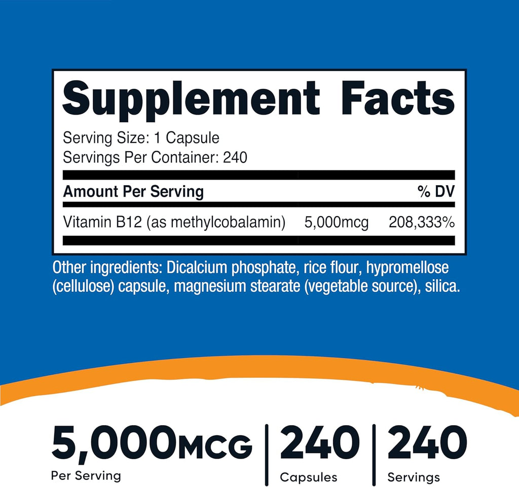Nutricost Vitamin B12 (Methylcobalamin) 5000mcg, 240 Capsules - Vegetarian Caps, Non-GMO, Gluten Free B12 Supplement