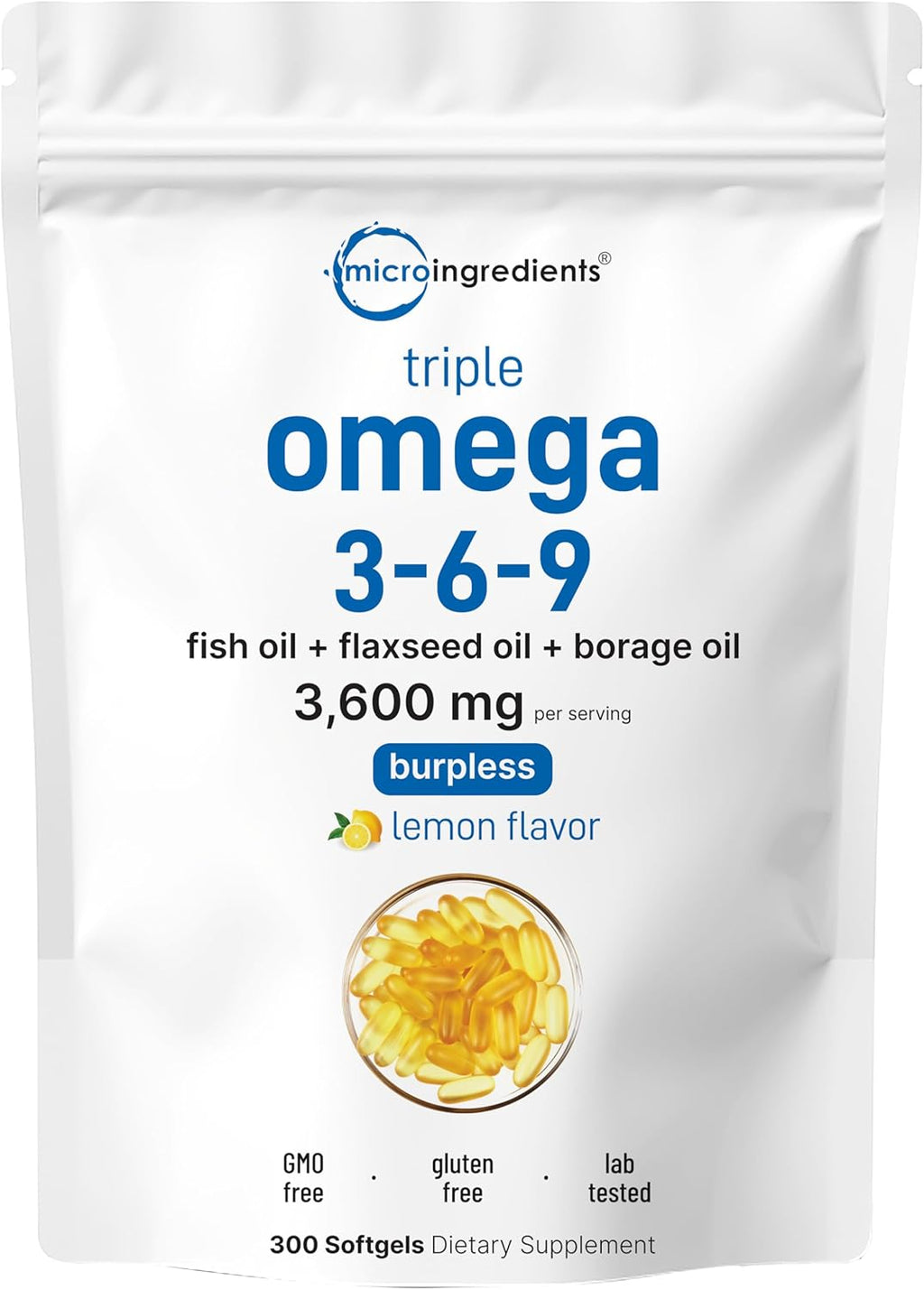 Ultr Omeg 3-6- 3600m Pe Serving 30 Burples Softgel Lemo Flavo Blen o Fish Flaxseed Borag Oil Bioavailabl Source Non-GMO N Gluten Mercur Free