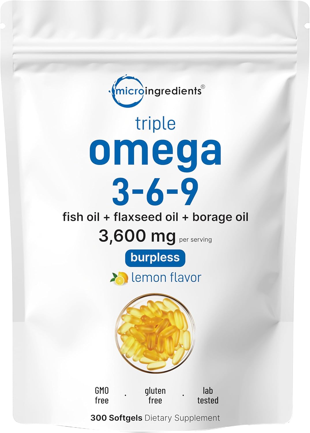Ultr Omeg 3-6- 3600m Pe Serving 30 Burples Softgel Lemo Flavo Blen o Fish Flaxseed Borag Oil Bioavailabl Source Non-GMO N Gluten Mercur Free
