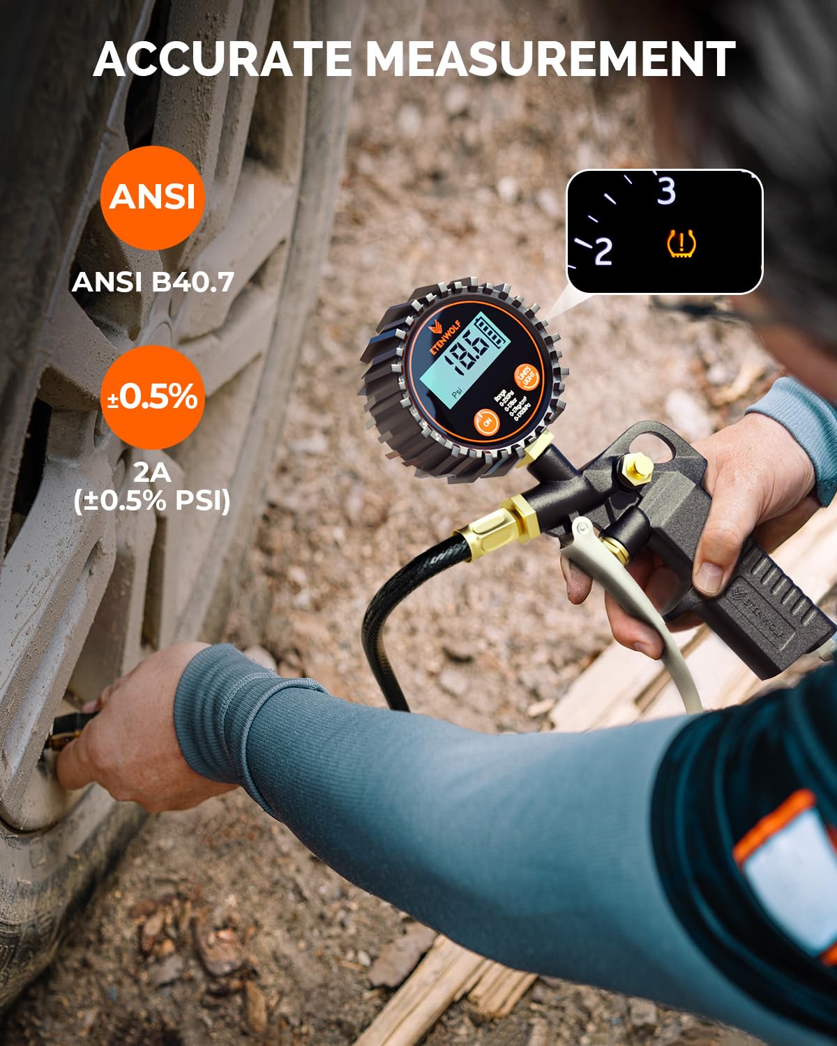 ETENWOL T50 Digita Tir Pressur Gaug wit Inflator Tir Gaug 0-25 PSI Calibrate t ANS B40. Grad 2A Ai Chuc Compresso Accessorie wit Storag Bag Black