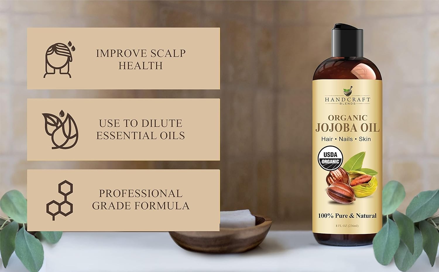 Handcraft Blends USDA Organic Jojoba Oil | Cold-Pressed | 8 Fl Oz | 100% Pure Natural | for Hair, Skin Face | Premium Grade Carrier Oil | for Massage Aromatherapy | Hexane-Free | Hair Relaxer