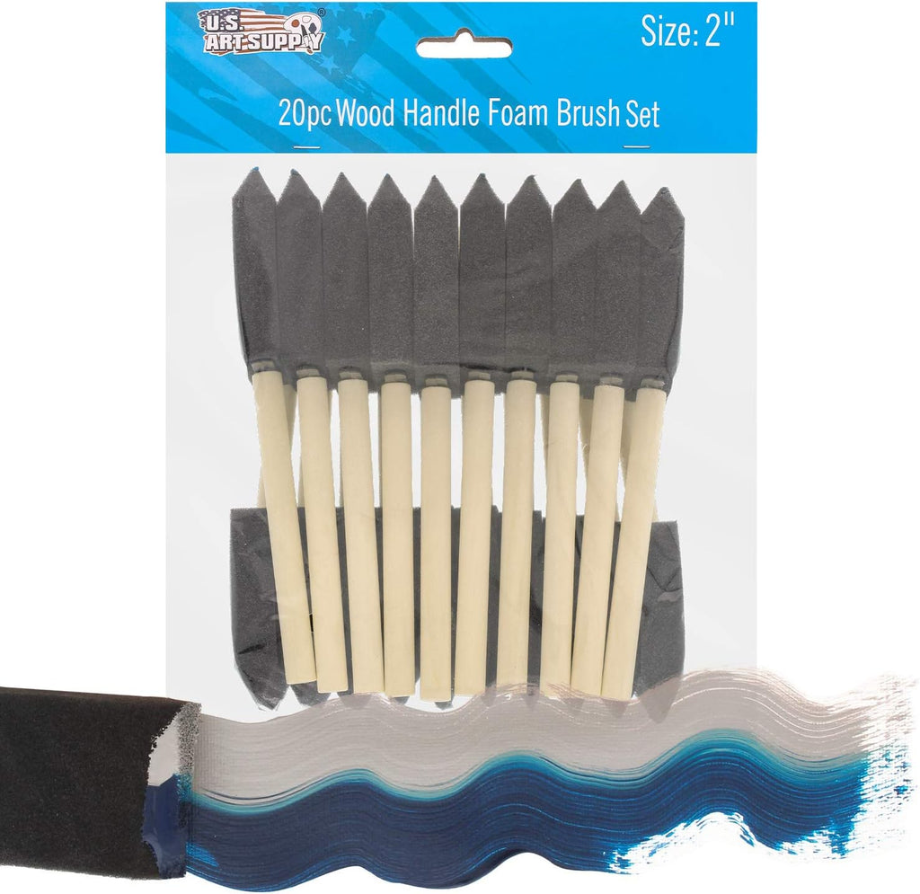 US Art Supply 2 inch Foam Sponge Wood Handle Paint Brush Set (Value Pack of 20) - Lightweight, Durable and Great for Acrylics, Stains, Varnishes, Crafts, Art