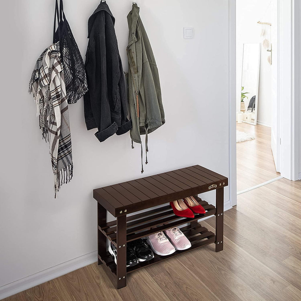 Homemaid Living Bamboo 3 Tier Shoe Rack Bench, Premium Shoe Organizer or Entryway Bench, Perfect for Shoe Cubby, Entry Bench, Bathroom Bench, Entryway Organizer, Hallway or Living Room(Brown)