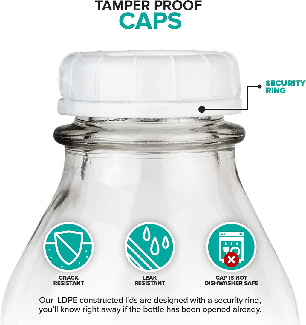 Stock Your Home Liter Glass Milk Bottle with Lid (4 Pack) 32 Oz Jugs and 8 White Caps, Reusable Food Grade Container for Refrigerator, Juice, Oat or Plant Milks, Water, Honey