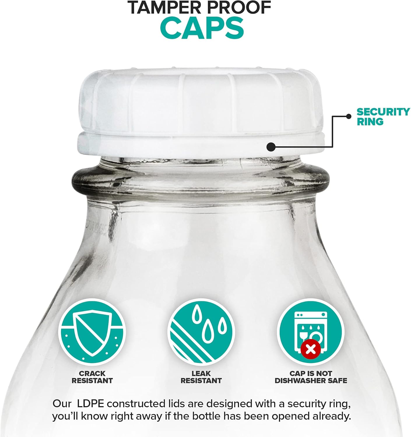 Stock Your Home Liter Glass Milk Bottle with Lid (4 Pack) 32 Oz Jugs and 8 White Caps, Reusable Food Grade Container for Refrigerator, Juice, Oat or Plant Milks, Water, Honey