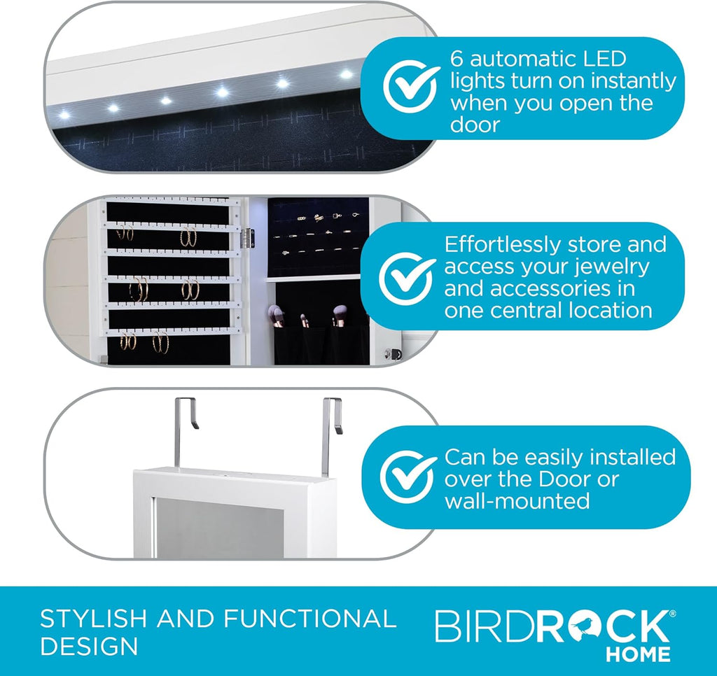 BIRDROC HOM Hangin Jewelr Organize Lockabl Storag Cabine wit Bod Mirro LE Lights Doo o Wal Mounte fo Close o Bedroo Dresser Adjustabl Heigh Larg Capacit White