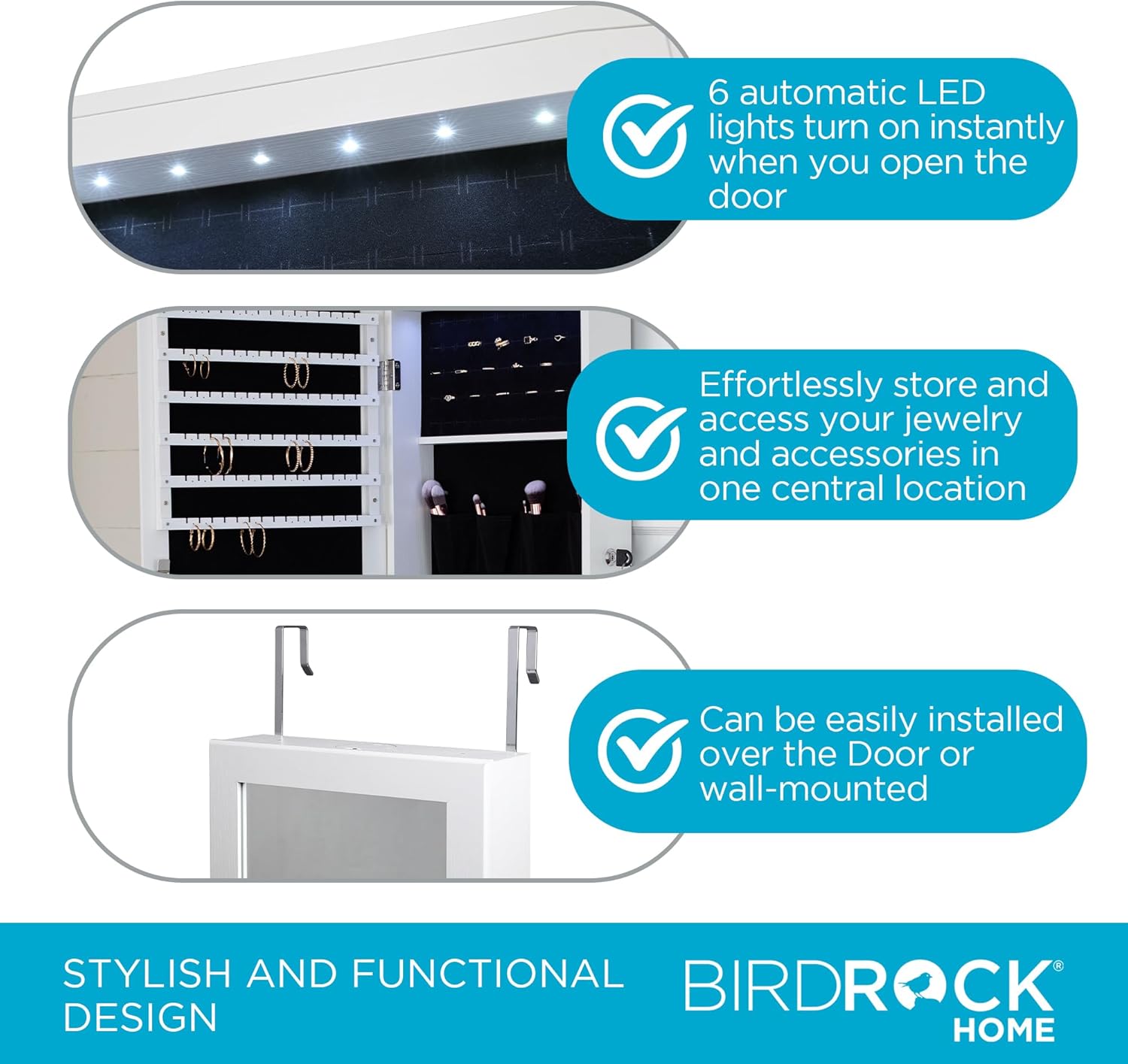BIRDROC HOM Hangin Jewelr Organize Lockabl Storag Cabine wit Bod Mirro LE Lights Doo o Wal Mounte fo Close o Bedroo Dresser Adjustabl Heigh Larg Capacit White