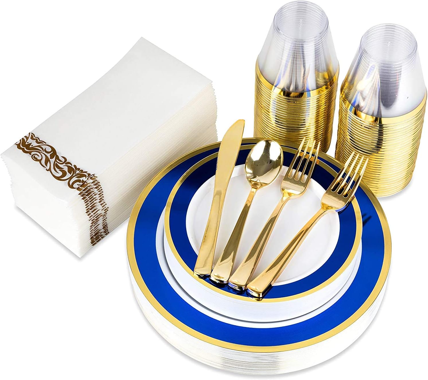 Blu an Gol Ri Plasti Dinnerwar (200-Piece Plasti Plates Cutlery Cup an Napkin Servic fo 2 Guest Plac Settin fo Wedding Party Shower Birthday Holiday