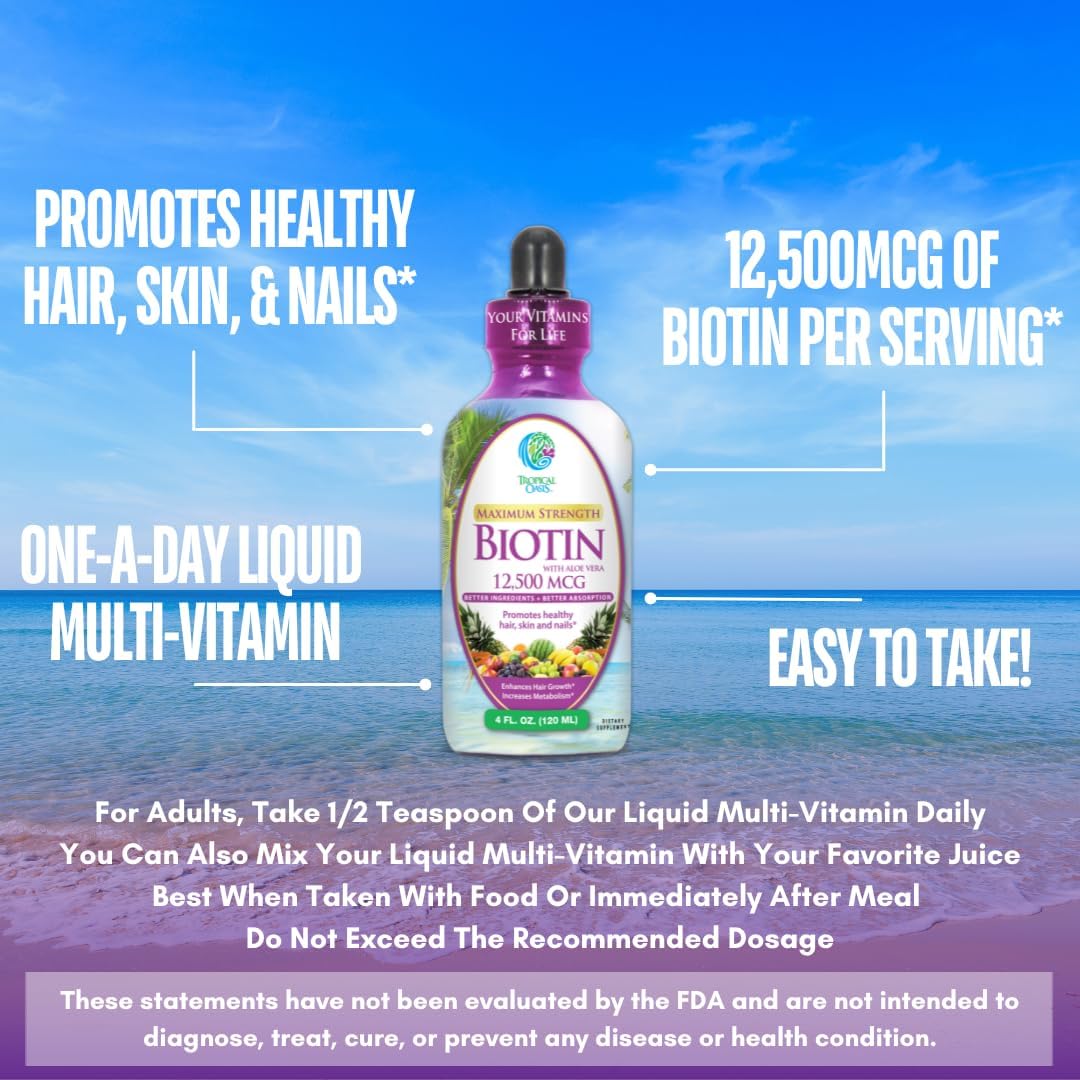 Maximum Strength Liquid Biotin Drops w/ 12,500 MCG ¨C Best Vitamins for Fast Hair Growth, Reduced Hair Loss, Healthy Skin Strong Nails -5X More Potent Than Pills¨C Max Absorption, Vegan¨C 4oz, 30 Serv