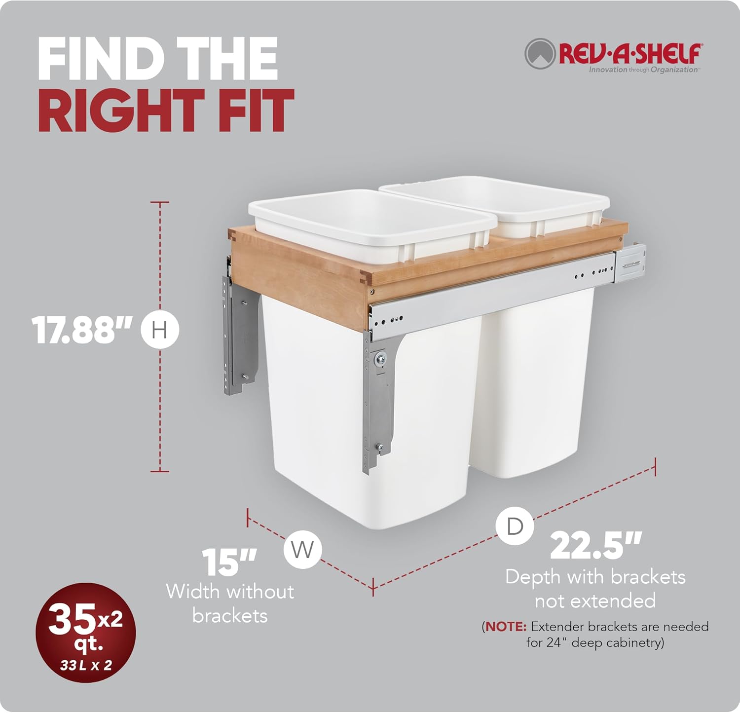 Rev-A-Shelf Top Mount Double Pullout Under Cabinet 35 Quart Kitchen Trash Cans with 150 Pound Rated Full-Extension Slides, 4WCTM-18DM2