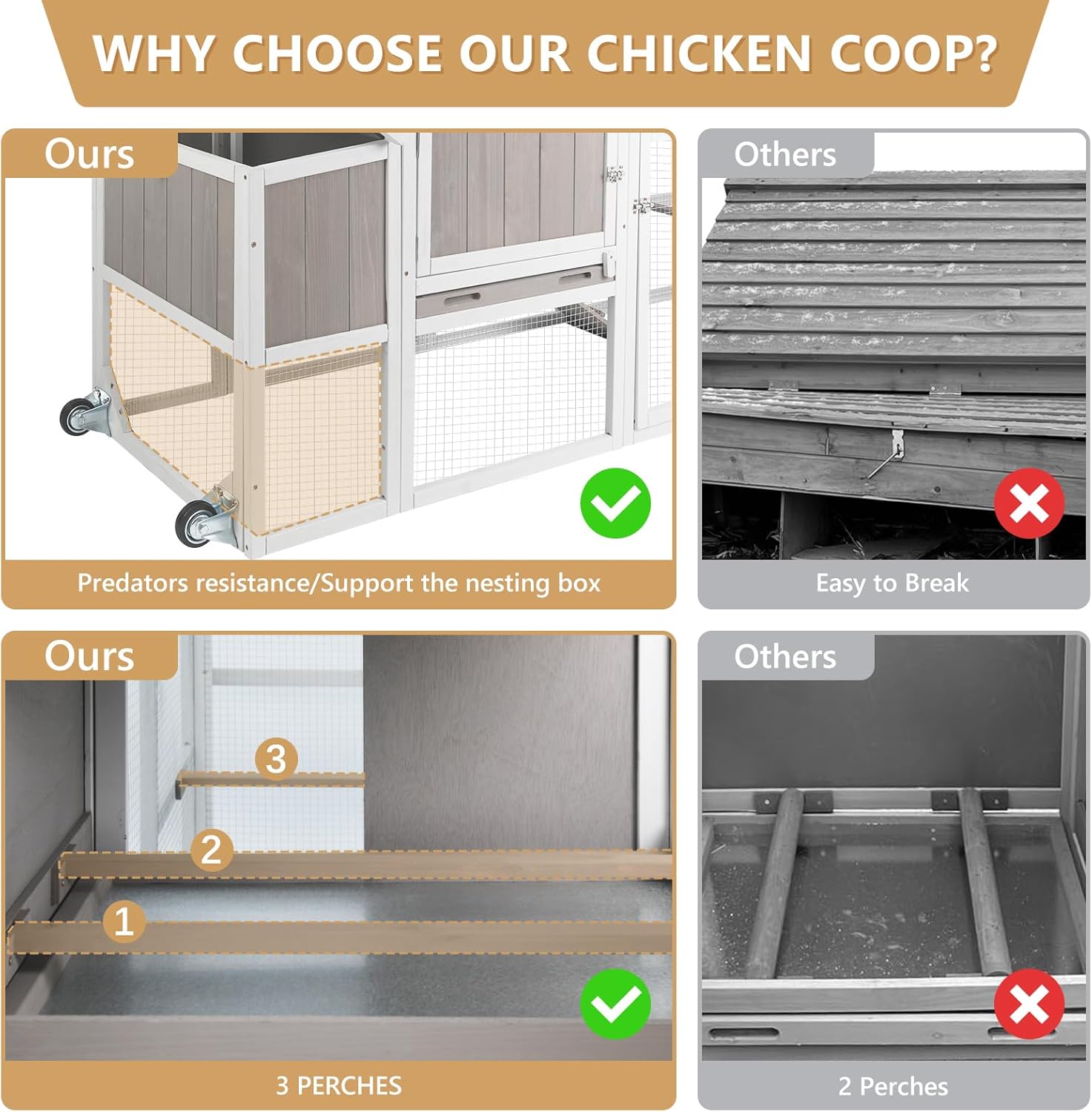 PetsCosse 157.4inch Chicke Coo wit Wheels Larg Woode Chicke Hous wit Run Backyar He Hous Poultr Cag fo 2- Chicken Rabbi an Smal Animal Nestin Box Tray Perches Se o 2 Grey
