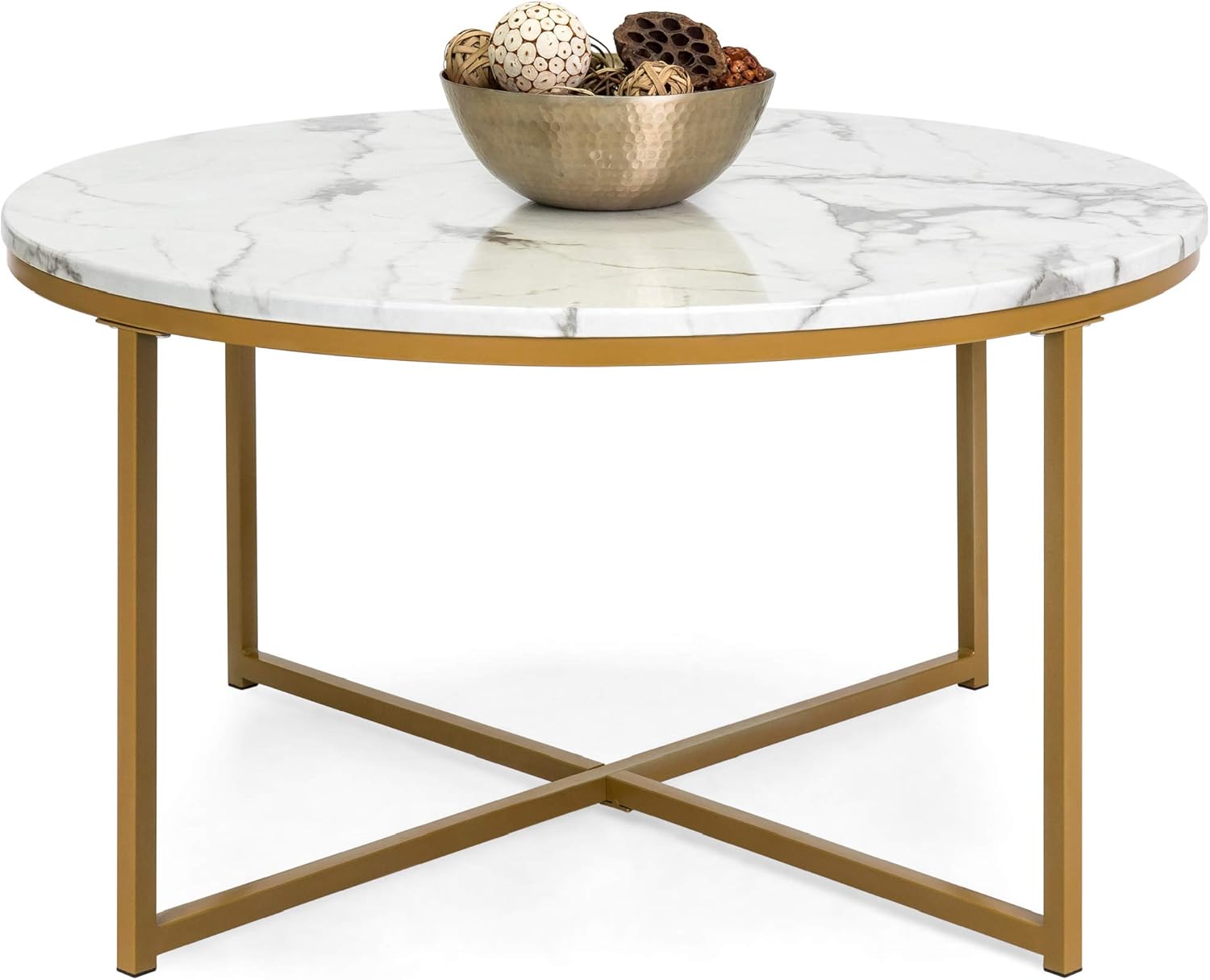 Bes Choic Product 36i Fau Marbl Accen Table Moder En Table Larg Coffe Tabl Hom Deco fo Livin Room Dinin Room Tea Coffe w/Meta Frame Foo Caps Designe White/Gold