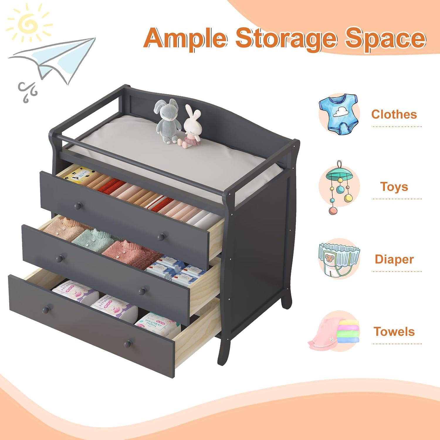 Woode Diape Changin Table Bab Diape Changin Statio Infan Nursin Tabl wit Drawers Safet Rai Strap Moder Bab Changin Tabl fo Bedroom Nursery