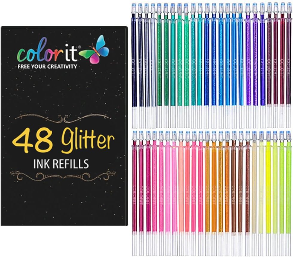 ColorIt 48 Gel Pen Ink Refills for Glitter, Metallic, and Neon - Color Coded for Easy Replacement (Glitter) - Pen Refills