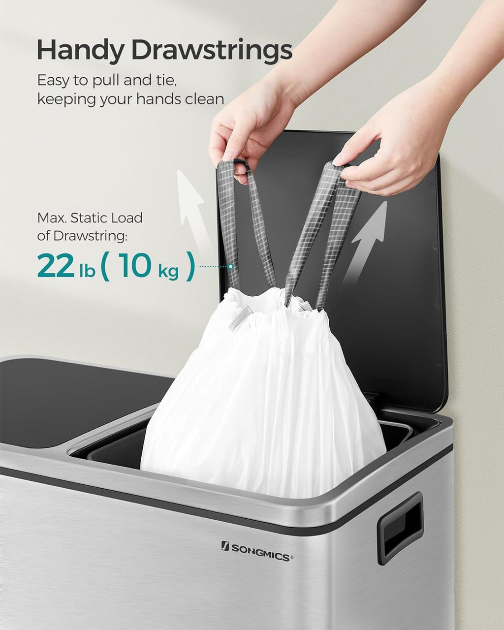 SONGMICS Trash Bags for 8-Gallon (30 L) Trash Cans, Drawstring Kitchen Garbage Bags, Pre-Separated, Liner Code 30A, 2 Rolls, 90 Count, White UKRB30A02