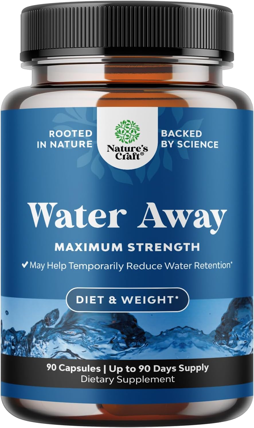 Water Away Herbal Diuretic Pills High Strength - Fluid Retention Supplement with Dandelion Leaf Extract Green Tea for Bloating Relief for Women Men - Capsules for Leg Feet Swelling - 90 Count