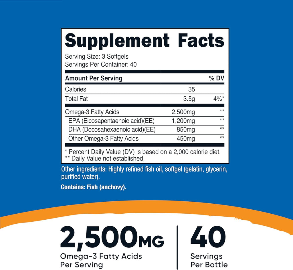 Nutricos Omeg Fis Oi 2500MG 12 Softgel (4 Serv Fis Oil Wil Caught 1200m EP 850m DH Non-GMO Glute Free