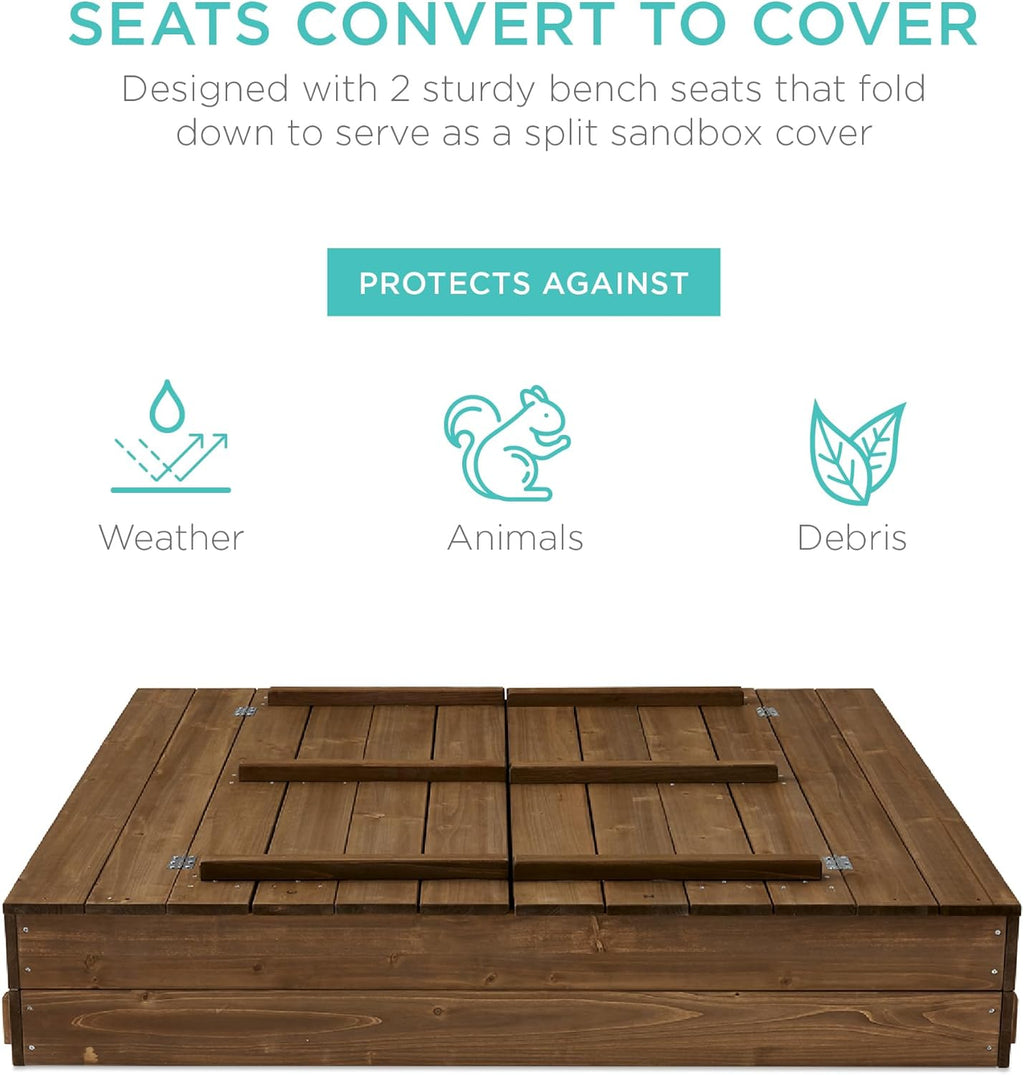 Best Choice Products Kids' Outdoor Wooden Sandbox Large, Cedar Wood with Foldable Bench Seats and Sand Protection, Bottom Liner Included - Walnut