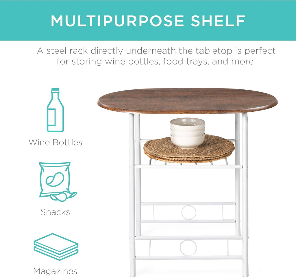 Best Choice Products 3-Piece Wooden Round Table Chair Set for Kitchen, Dining Room, Compact Space w/Steel Frame, Built-in Wine Rack - White/Brown