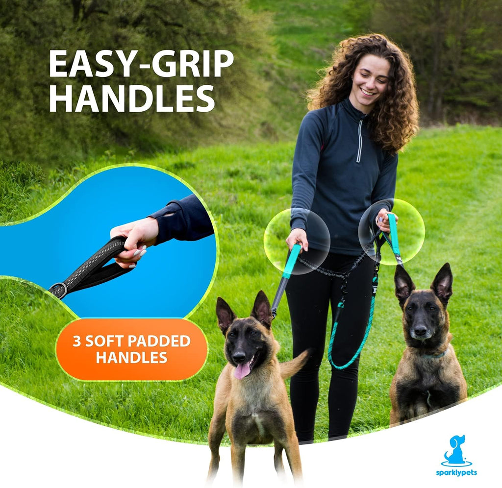 SparklyPets Double Dog Leash for 2 Dogs ¨C Rope Bungee Dual Leash for Medium and Large Breeds with Padded Handles & Tangle Free (Teal, Medium/Large)