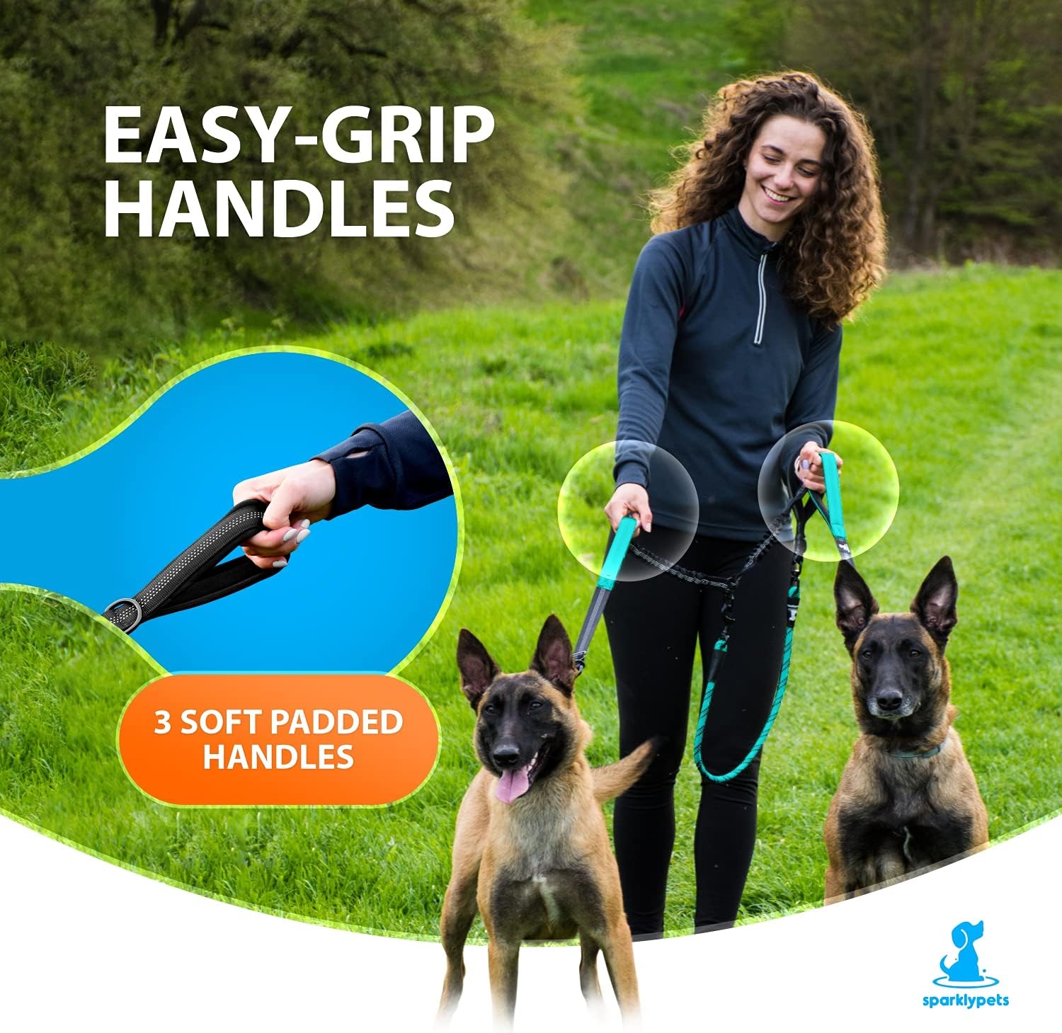 SparklyPets Double Dog Leash for 2 Dogs ¨C Rope Bungee Dual Leash for Medium and Large Breeds with Padded Handles & Tangle Free (Teal, Medium/Large)