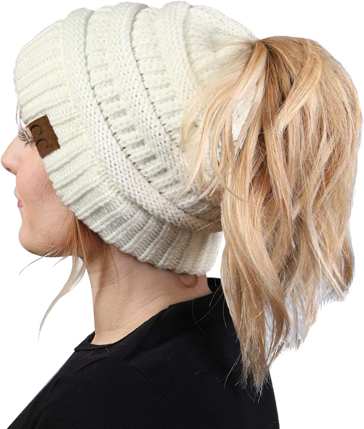 Funky Junque Ponytail Beanie for Women - Winter Ponyback Hat Soft Stretch Cable Knit High Pony Tail Womens Running Hats