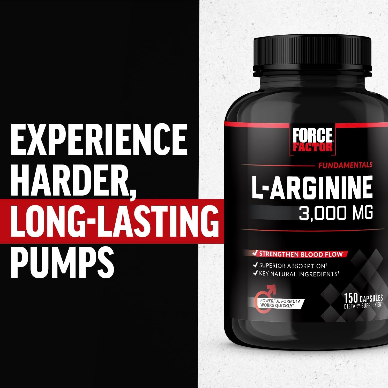 Force Factor L-Arginine Nitric Oxide Supplement with BioPerine to Help Build Muscle and Support Stronger Blood Flow, Circulation, Nutrient Delivery, and Pumps, L-Arginine 3000mg, 3g, 150 Capsules