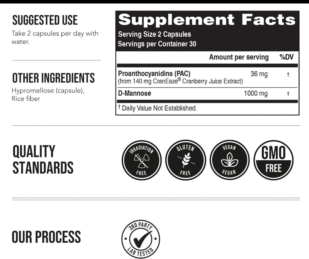 CranEaze: Cranberry Juice Extract Plus D-Mannose – 36 mg PAC, 100% Soluble PAC - Supports Urinary Tract Health – Most Effective Cranberry Pills for Women, UTI Cranberry Supplement - 60 Capsules