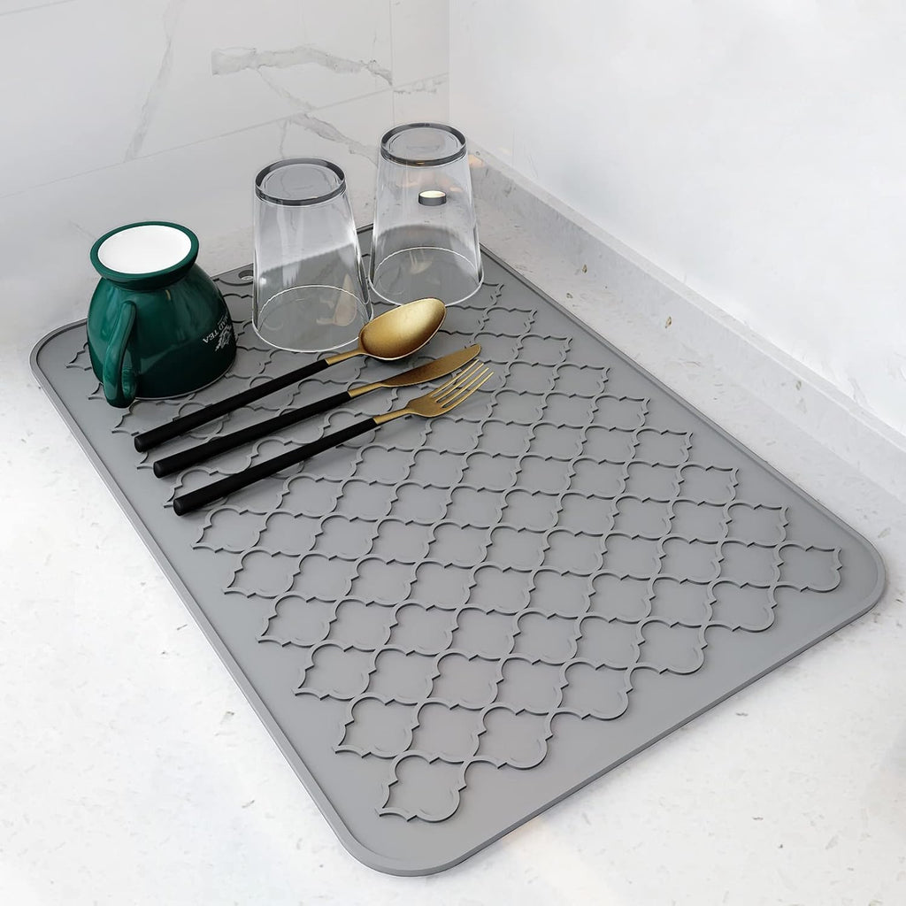 AMOAMI Dish Drying Mat,Heat-resistant,Easy Clean,Silicone Dish Drying Mats for kitchen Counter,Kitchen Gadgets Kitchen Accessories Kitchen Small Appliances (12inch x 16inch, GREY)