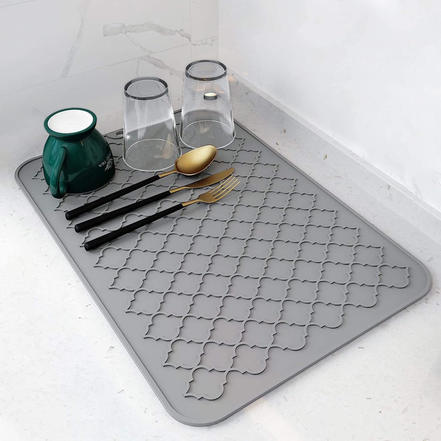 AMOAMI Dish Drying Mat,Heat-resistant,Easy Clean,Silicone Dish Drying Mats for kitchen Counter,Kitchen Gadgets Kitchen Accessories Kitchen Small Appliances (12inch x 16inch, GREY)